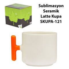 Sublimasyon Turuncu Kulplu Seramik Latte Kupa - Kutulu