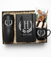 BK Gift Kişiye Özel İsimli Siyah Termos, 10x15cm Fotoğraf, Kupa, Defter, Tükenmez Kalem Hediye Seti-1 | Babalar Günü Hediyesi, Yeni İş Hediyesi, Öğretmene Hediye
