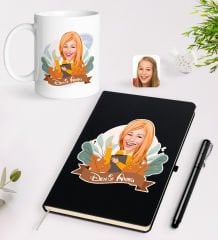 BK Gift Kişiye Özel Öğretmen Karikatürlü Siyah Defter Kalem Kupa Seti - 2