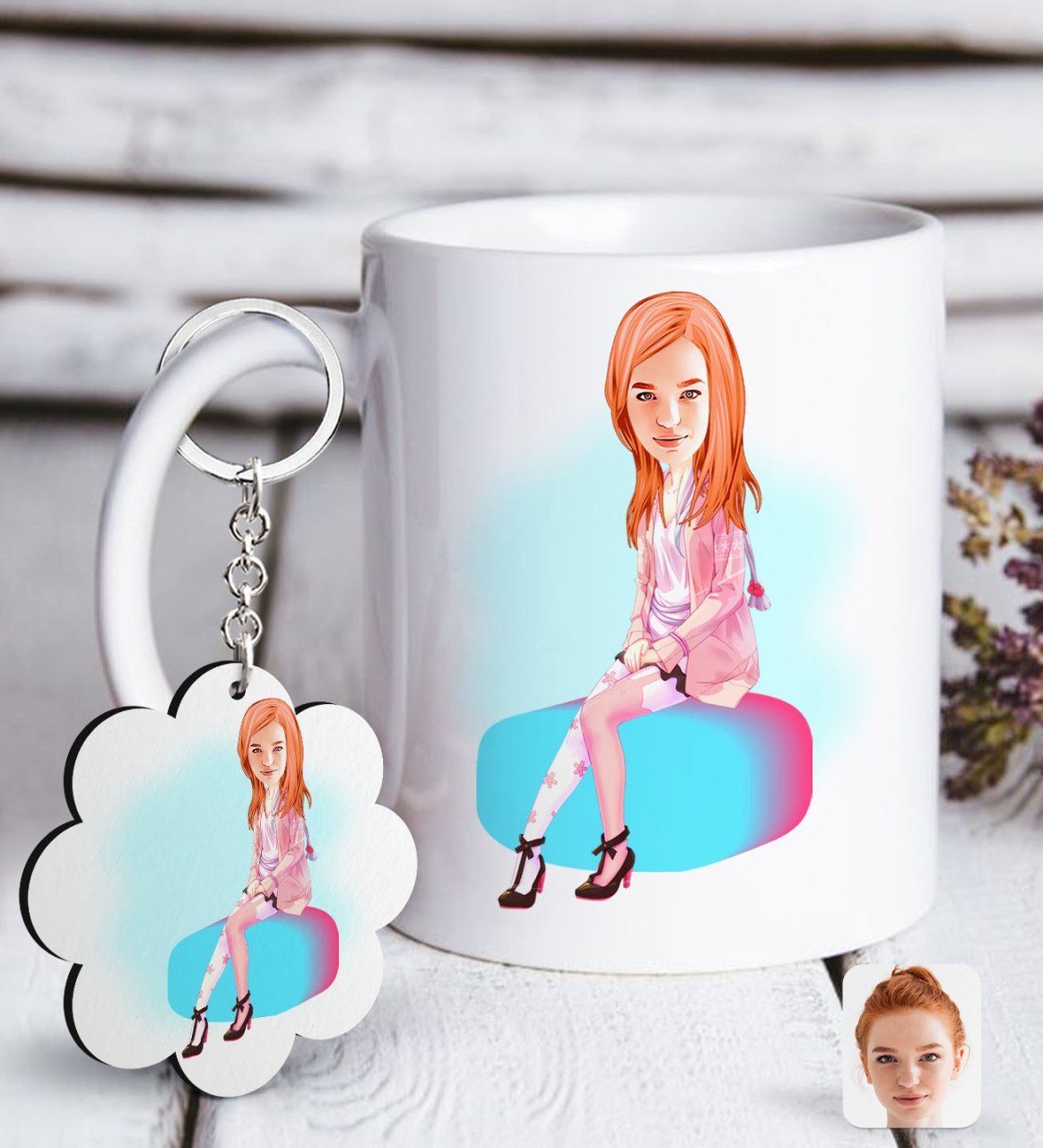 Kişiye Özel Kadın Karikatürlü Beyaz Kupa ve Anahtarlık Hediye Seti-32