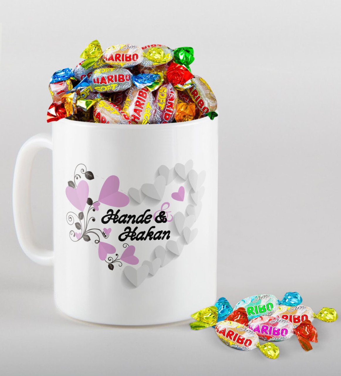 Kişiye Özel Sevgililer Günü Beyaz Kupa ve Haribo Şeker Hediye Seti-25