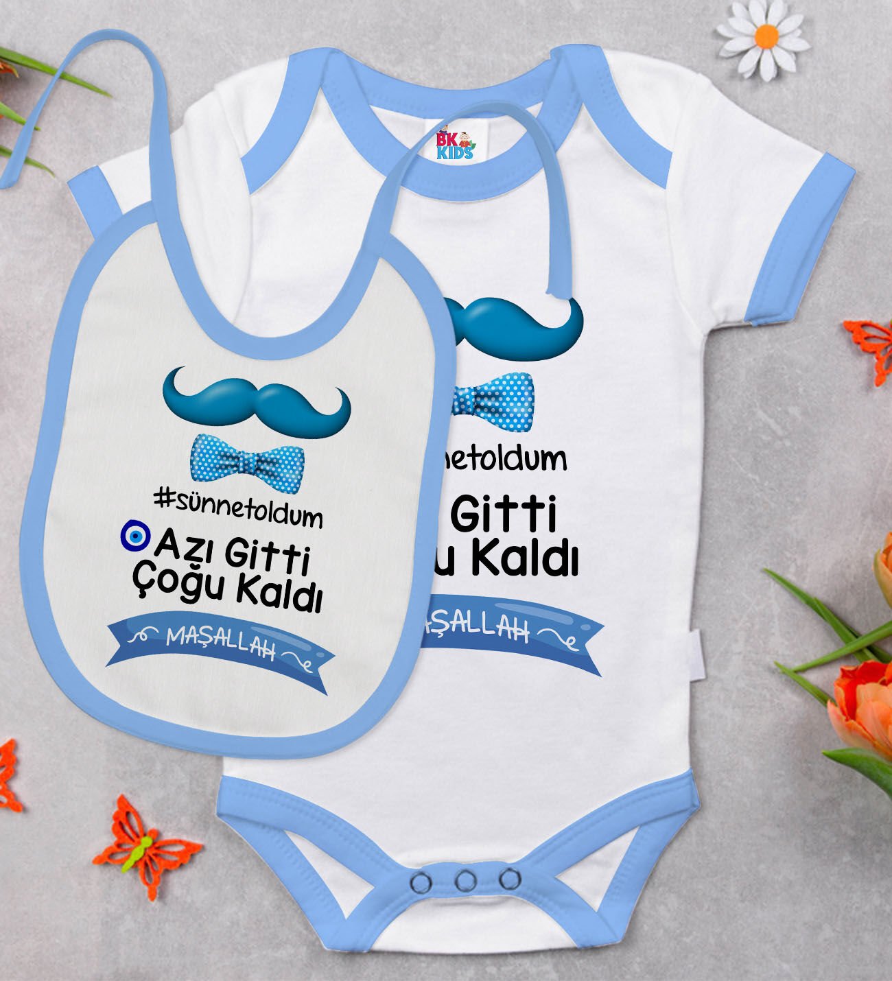 BK Kids Sünnet Tasarımlı Mavi Bebek Body Zıbın ve Mama Önlüğü Hediye Seti-7