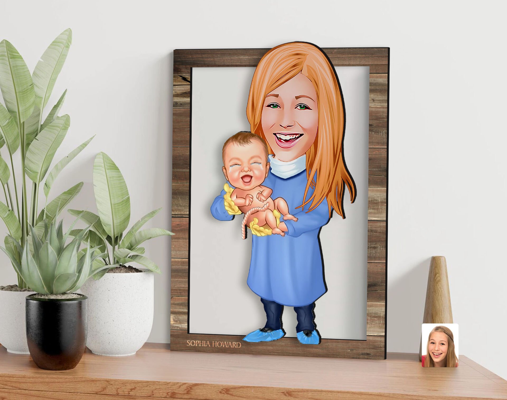 BK Gift Kişiye Özel Kadın Doğum Uzmanı Karikatürlü 3D Ahşap Tablo, Sevgiliye Hediye, Arkadaşa Hediye, Yıl Dönümü Hediyesi, Doğum Günü Hediyesi-1