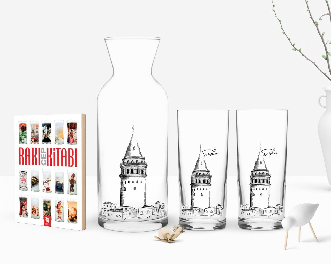 Kişiye Özel Renkli Baskılı Galata Kulesi Tasarımlı İkili Rakı Bardağı Karaf ve Cep Kitabı Hediye Seti-10