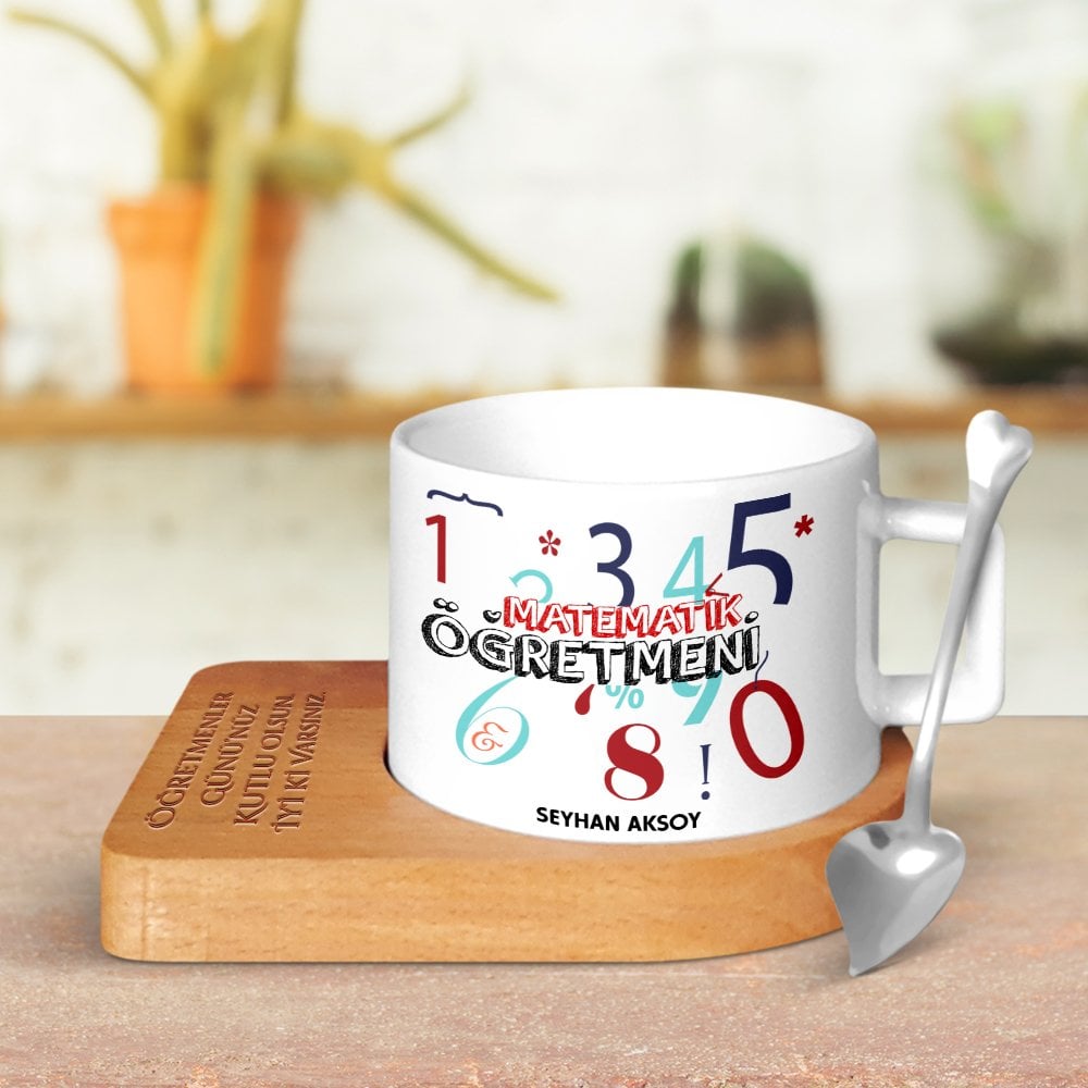Kişiye Özel Matematik Öğretmeni Ahşap Altlıklı Seramik Fincan - 3