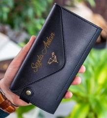 BK Gift Kişiye Özel İsimli Telefon ve Bozuk Para Bölmeli Zarf Model Siyah Kadın Cüzdanı, Sevgiliye Hediye, Anneye Hediye