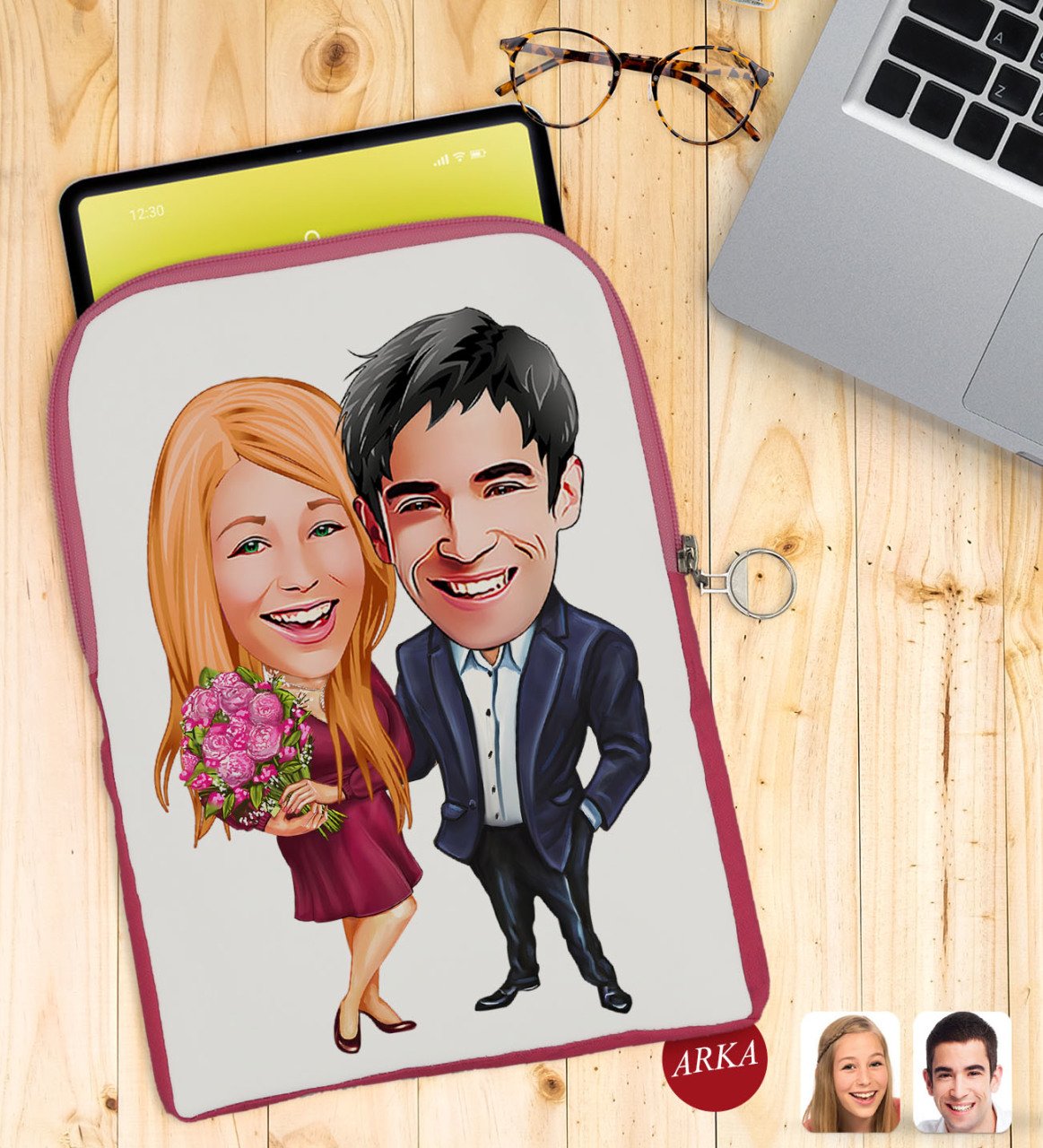 Kişiye Özel Sevgililer Karikatürlü Taşınabilir Koruyucu Tablet Kılıfı & Organizer Çanta - Pembe-94