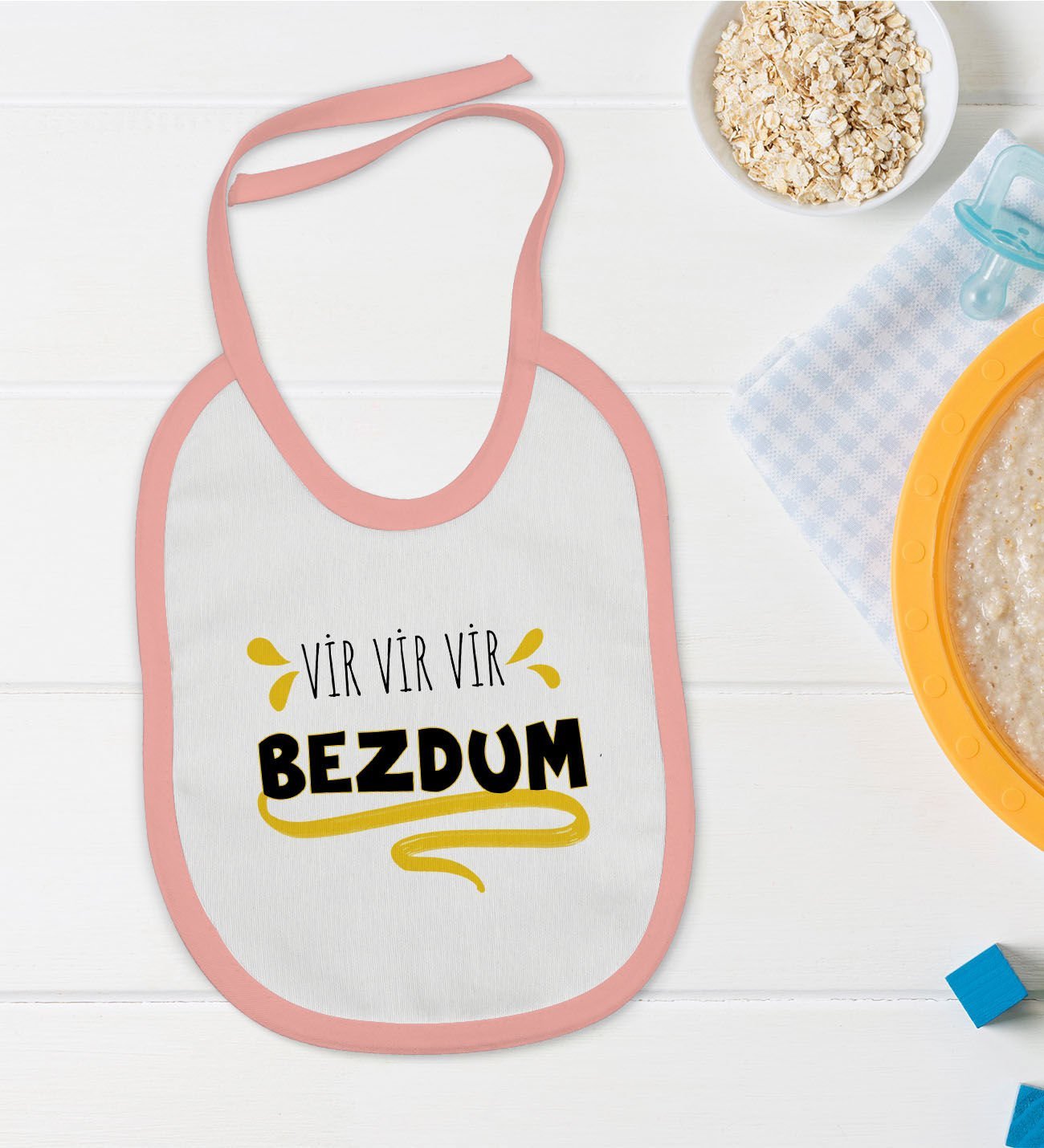 BK Kids Bezdum Tasarımlı Pembe Bebek Mama Önlüğü-5