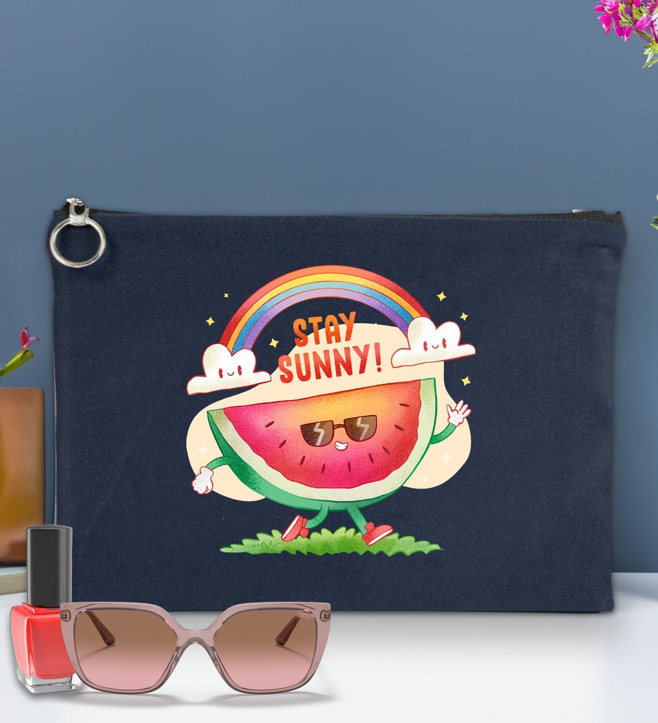 BK Gİft Yaz Temalı-7 Astarlı Lacivert Portföy Çanta 30x21cm, Baskılı El Çantası, Organizer Çanta