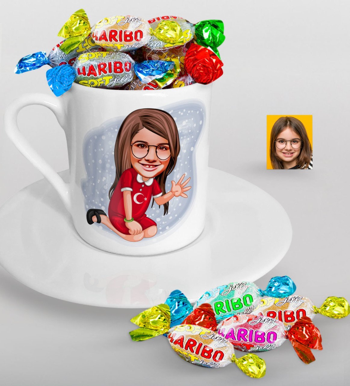 Kişiye Özel Kız Çocuk Karikatürlü Türk Kahvesi Fincanı ve Haribo Şeker Hediye Seti-2