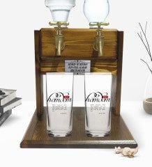 Kişiye Özel Renkli Baskılı Mâna Hemdem Tasarımlı İkili Rakı Bardağı ve Çift Musluklu Doğal Ahşap Rakı Standı-1