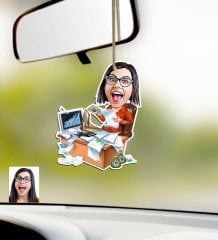 Kişiye Özel Bayan Bankacı Karikatürlü Ahşap Araba Dikiz Ayna Süsü-1