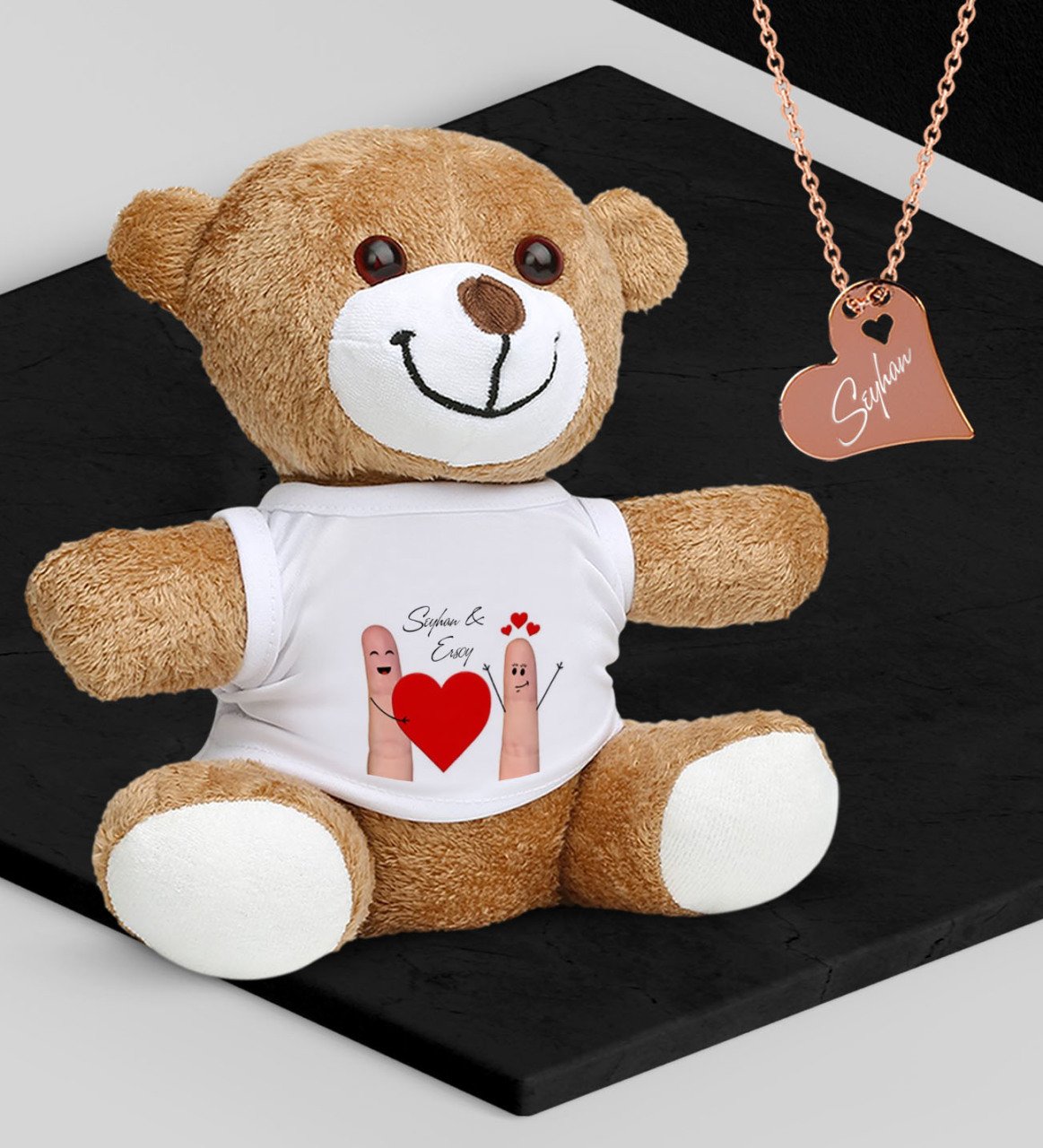 Kişiye Özel Sevgililer Temalı Peluş Ayıcık ve Rose Kalp Kolye Set - 88