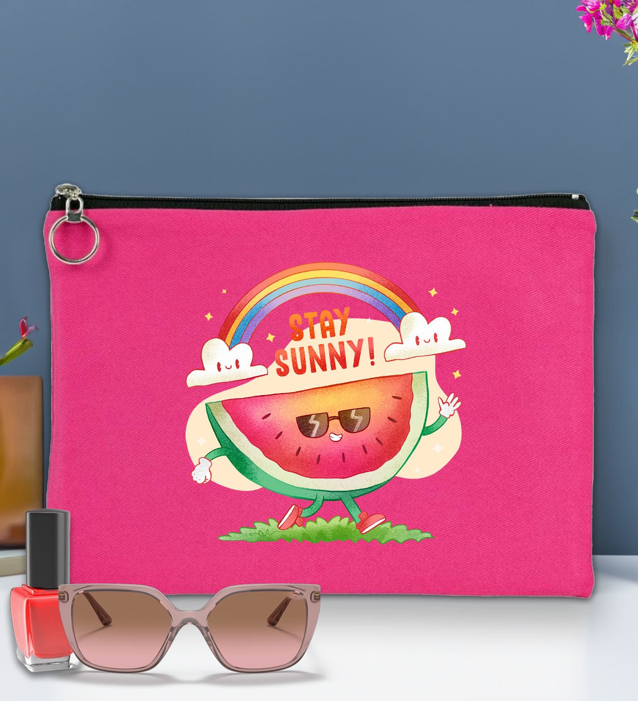 BK Gİft Yaz Temalı-7 Astarlı Fuşya Portföy Çanta 30x21cm, Baskılı El Çantası, Organizer Çanta