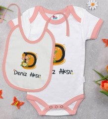 BK Kids Kişiye Özel Harfli Pembe Bebek Body Zıbın ve Mama Önlüğü Hediye Seti-1