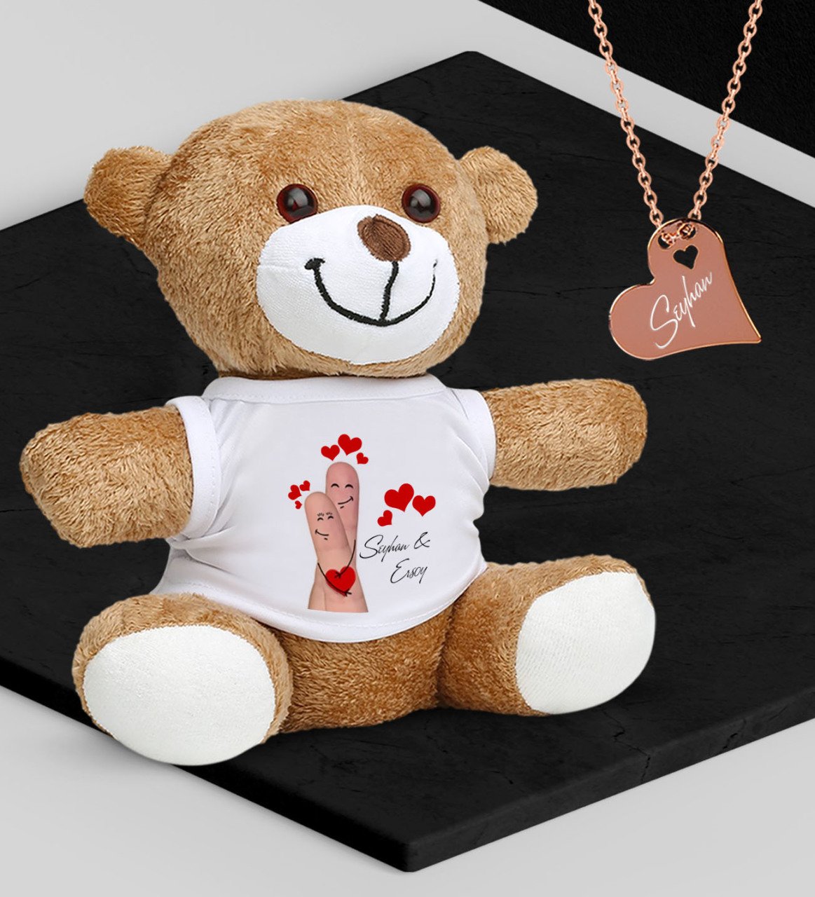 Kişiye Özel Sevgililer Temalı Peluş Ayıcık ve Rose Kalp Kolye Set - 89