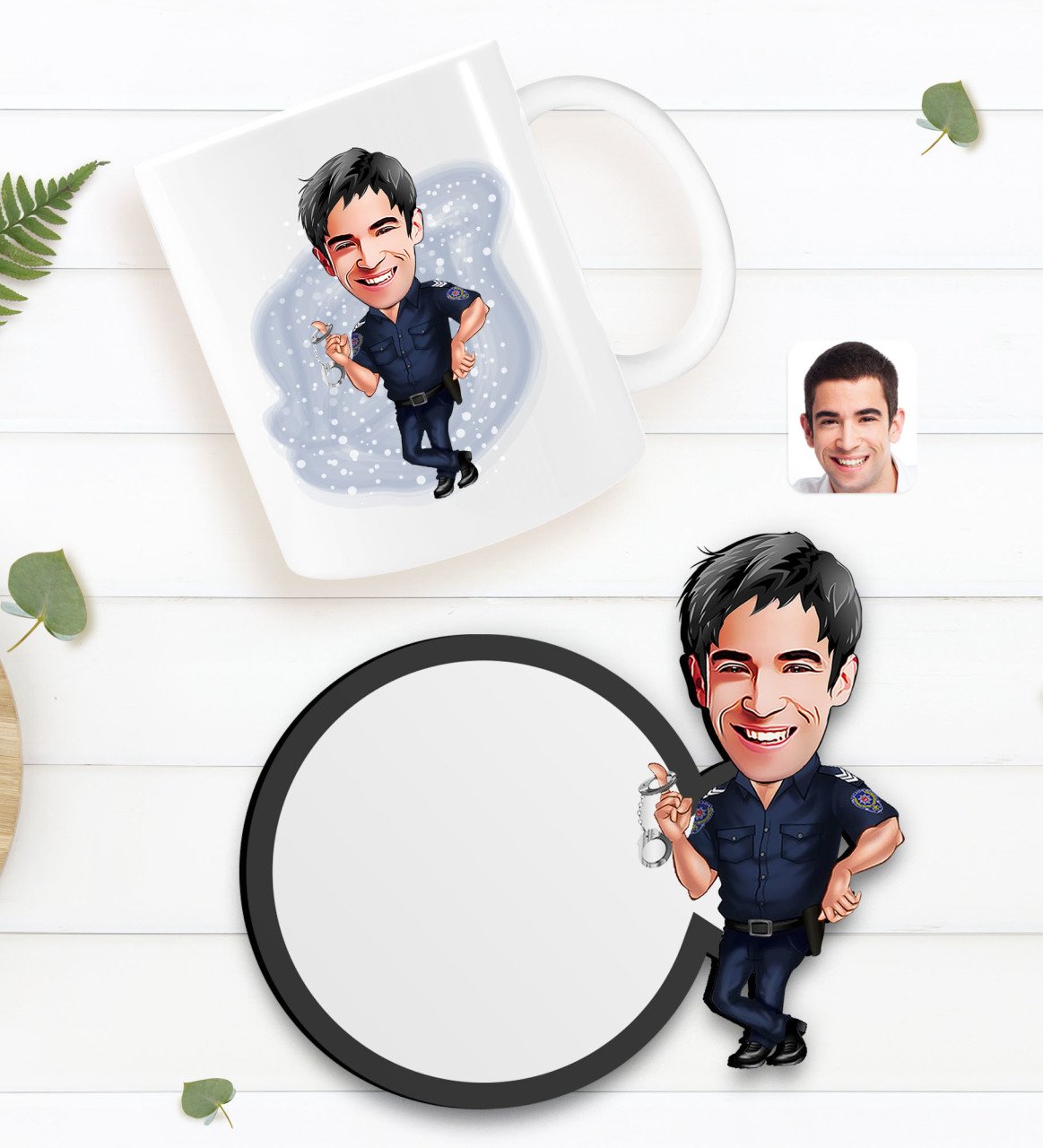Kişiye Özel Erkek Polis Karikatürlü Beyaz Kupa ve Ahşap Bardak Altlığı Hediye Seti-3