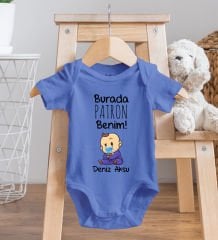 BK Kids Kişiye Özel Burada Patron Benim Tasarımlı Mavi %100 Pamuklu Kısa Kol Bebek Body Zıbın, Yeni Doğan Bebek Hediyesi