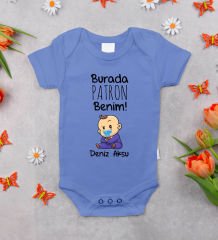 BK Kids Kişiye Özel Burada Patron Benim Tasarımlı Mavi %100 Pamuklu Kısa Kol Bebek Body Zıbın, Yeni Doğan Bebek Hediyesi