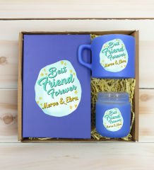 BK Gift Kişiye Özel İsimli DTF Best Friend Temalı Mavi Defter & Kahve Fincanı & Mum Hediye Seti-2, Arkadaşa Hediye, Doğum Günü Hediyesi
