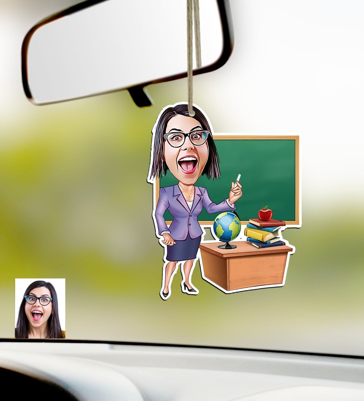 Kişiye Özel Bayan Öğretmen Karikatürlü Ahşap Araba Dikiz Ayna Süsü