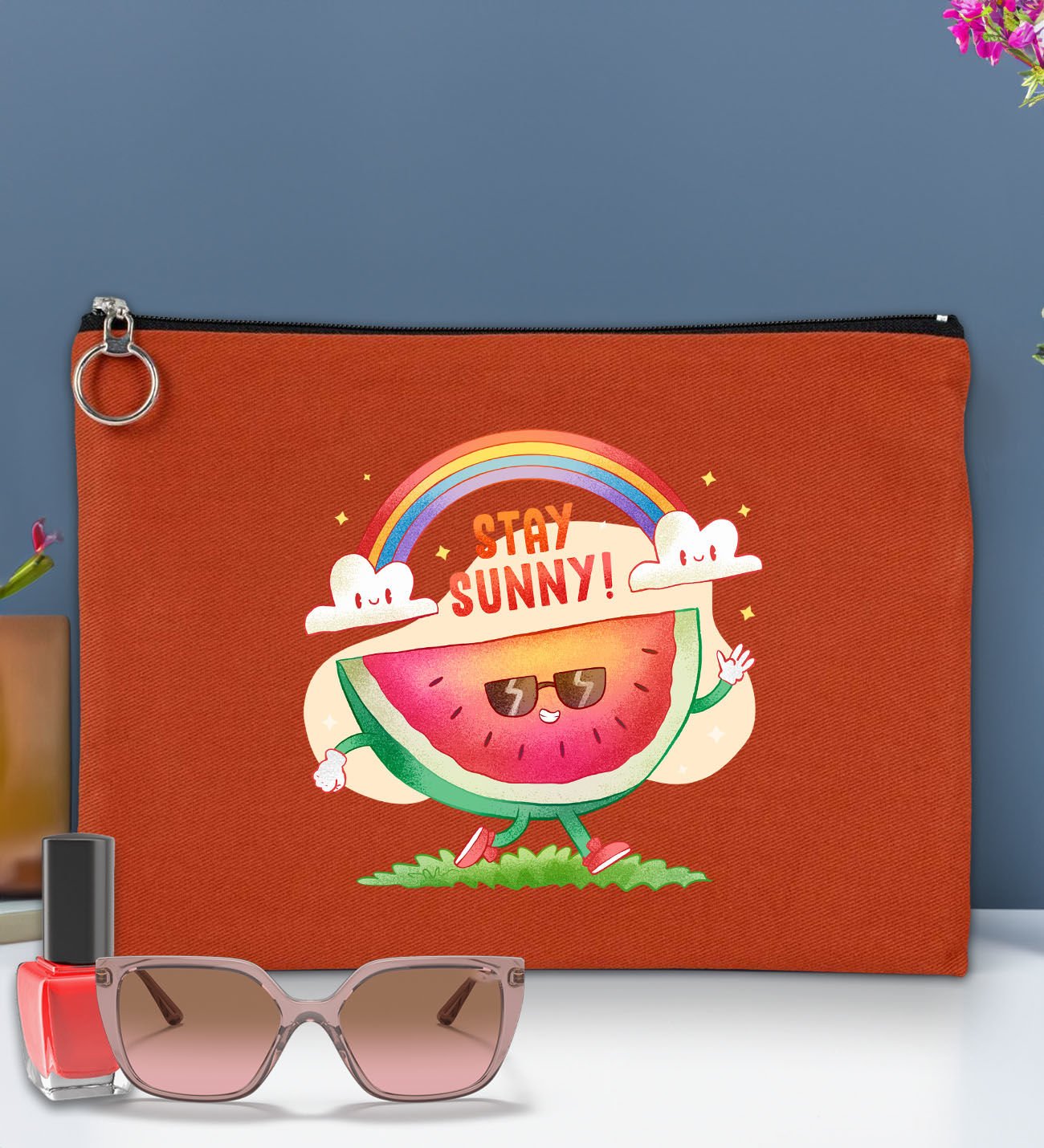BK Gİft Yaz Temalı-7 Astarlı Kiremit Portföy Çanta 30x21cm, Baskılı El Çantası, Organizer Çanta