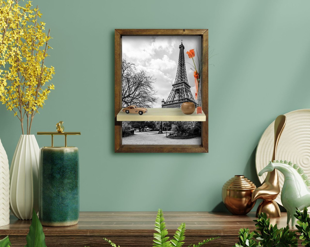 BK Home Paris Tasarımlı Doğal Masif Ahşap Çerçeveli Tablo Duvar Rafı-1