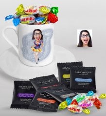 Kişiye Özel Pamuk Prenses Karikatürlü Türk Kahvesi Fincanı Selamlique Karışık Türk Kahvesi ve Haribo Şeker Hediye Seti