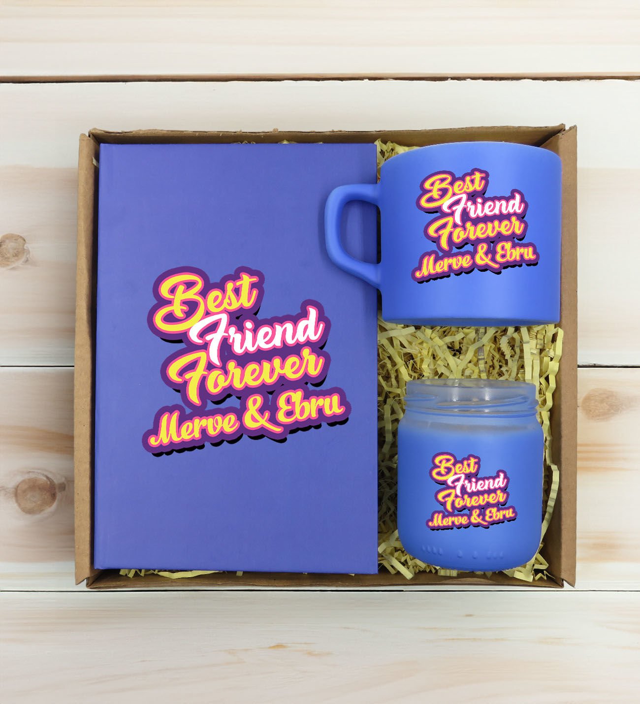 BK Gift Kişiye Özel İsimli DTF Best Friend Temalı Mavi Defter & Kahve Fincanı & Mum Hediye Seti-3, Arkadaşa Hediye, Doğum Günü Hediyesi