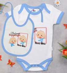 BK Kids Kişiye Özel Babamın Kopyasıyım Tasarımlı Mavi Bebek Body Zıbın ve Mama Önlüğü Hediye Seti-1