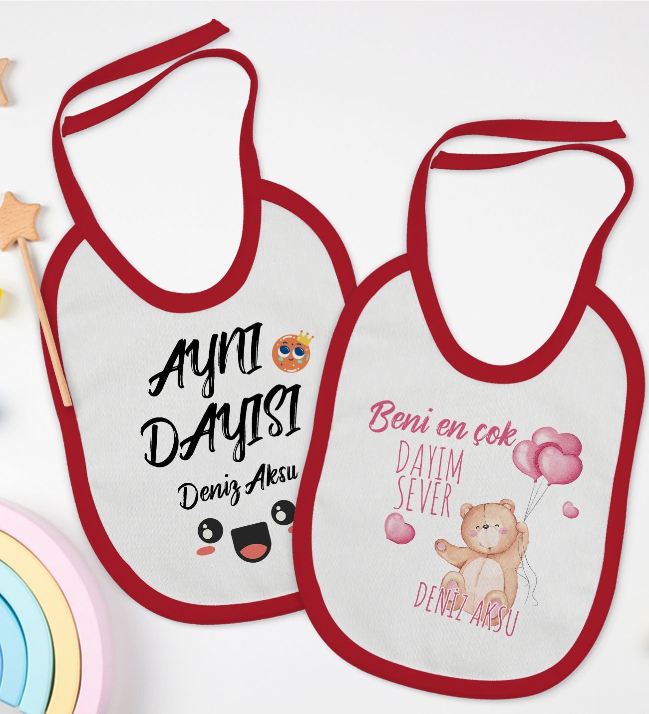 BK Kids Kişiye Özel Dayı Tasarımlı 2’li Kırmızı Mama Önlüğü-1