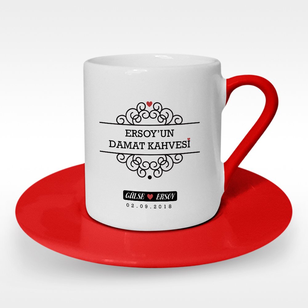 Kişiye Özel Damat Kahvesi Tasarımlı Kırmızı Türk Kahvesi Fincanı - 6