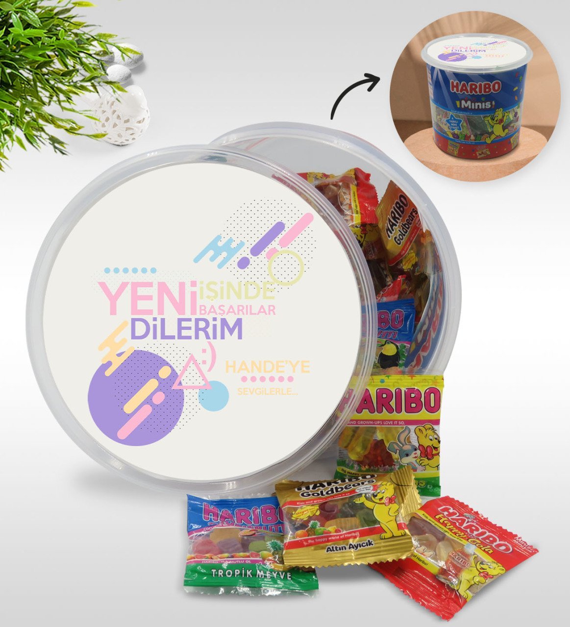 Kişiye Özel İsimli Yeni İşinde Başarılar Tasarımlı Dev Boy Haribo Minis Kovası (10gx100adet) Model 2