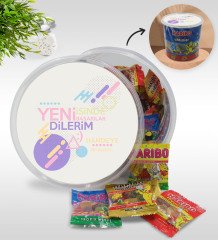 Kişiye Özel İsimli Yeni İşinde Başarılar Tasarımlı Dev Boy Haribo Minis Kovası (10gx100adet) Model 2