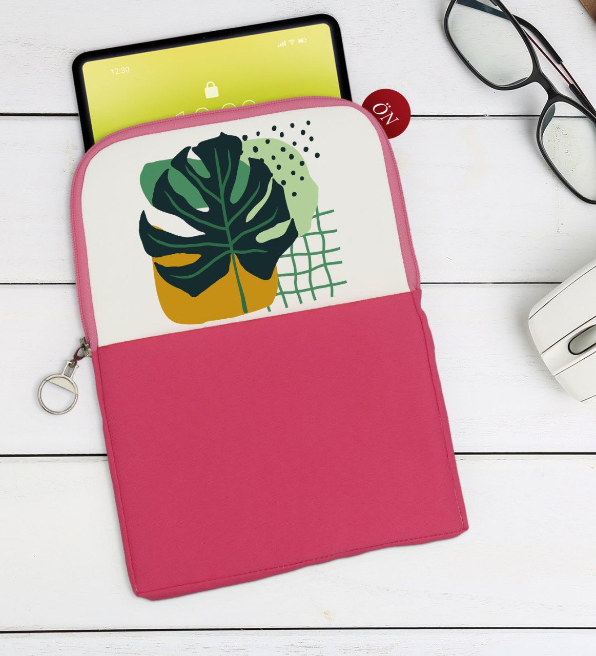 BK Gift Yaprak Tasarımlı Taşınabilir Koruyucu Tablet Kılıfı & Organizer Çanta - Pembe-1