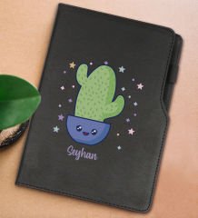 BK Gift Kişiye Özel Kaktüs Tasarımlı Siyah Termo Deri Not Defteri 15x21cm-4