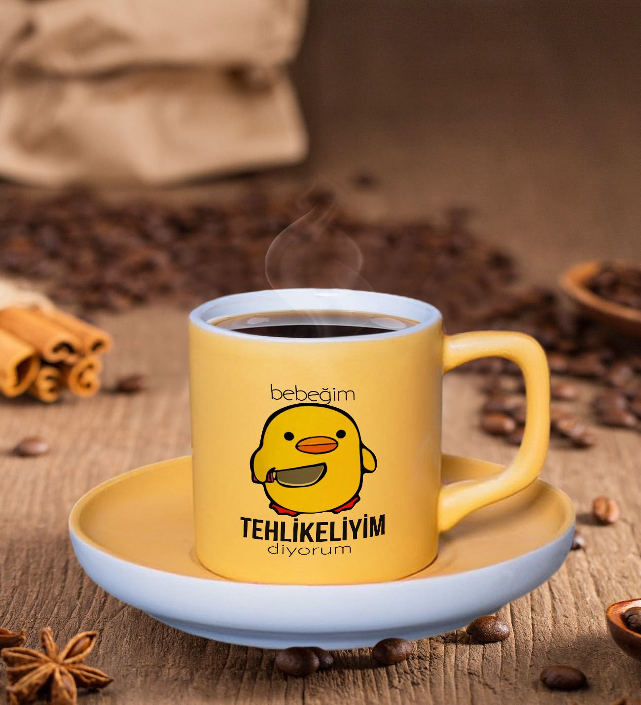 BK Gift Bebeğim Tehlikeliyim Tasarımlı Mat Sarı Renk Türk Kahvesi Fincanı-1, Renkli Türk Kahvesi Fincanı