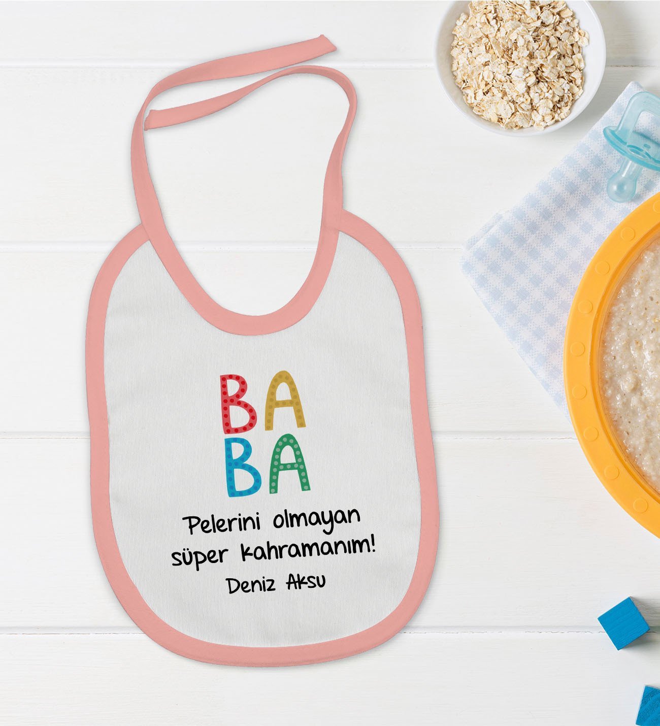 BK Kids Kişiye Özel Pembe Bebek Mama Önlüğü - Model 73