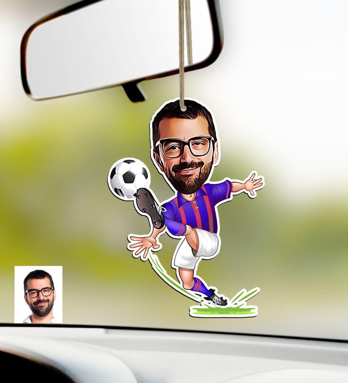 Kişiye Özel Bordo Mavi Futbolcu Karikatürlü Ahşap Araba Dikiz Ayna Süsü