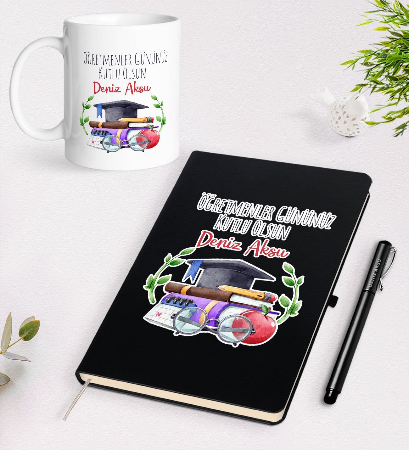 BK Gift Kişiye Özel Öğretmenler Günü Tasarımlı Siyah Defter Kalem Kupa Seti - 3