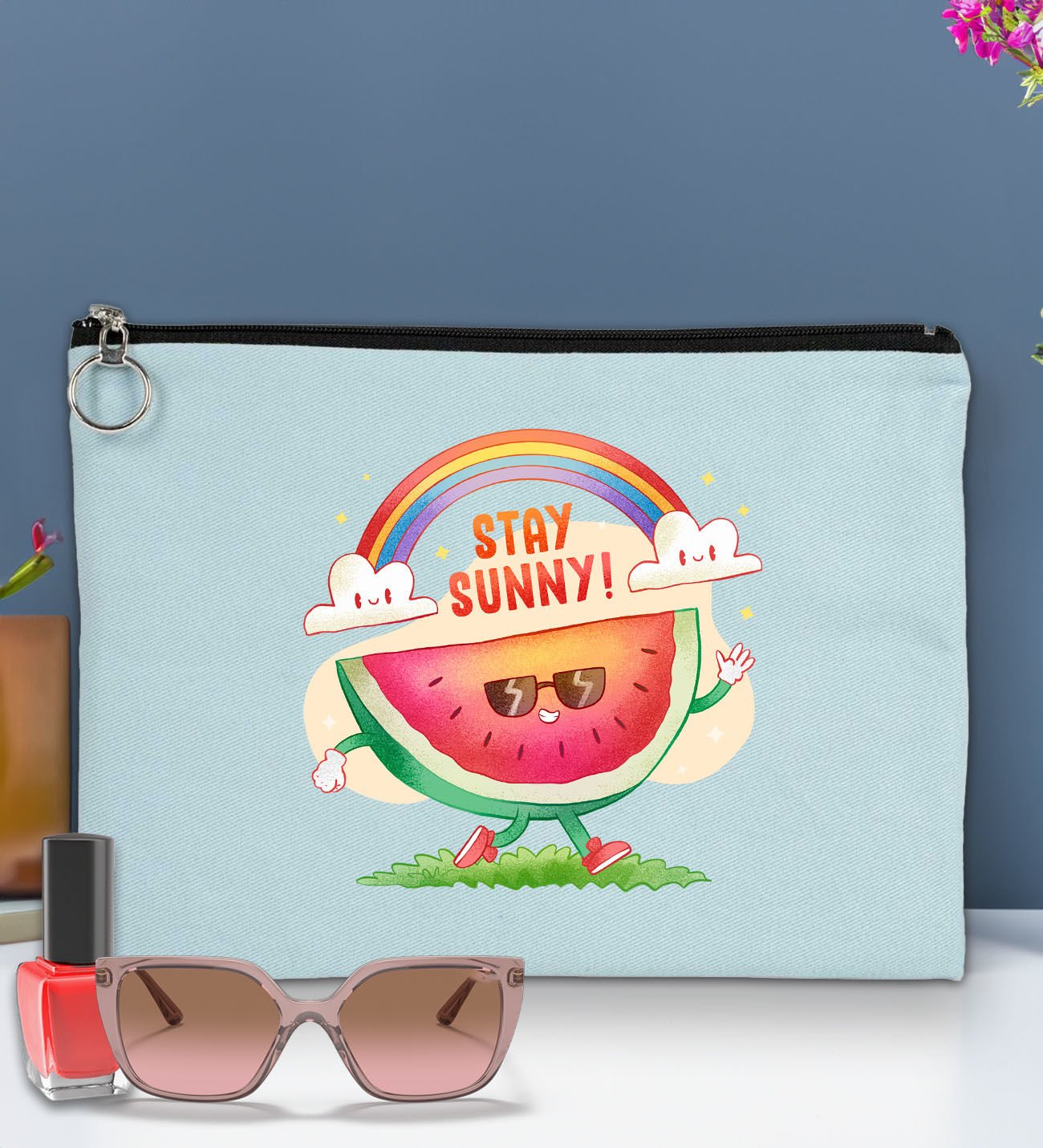 BK Gİft Yaz Temalı-7 Astarlı Açık Mavi Portföy Çanta 30x21cm, Baskılı El Çantası, Organizer Çanta