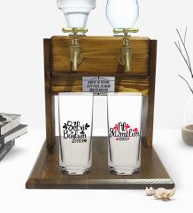 Kişiye Özel Renkli Baskılı Selvi Boylum Al Yazmalım Tasarımlı İkili Rakı Bardağı ve Çift Musluklu Doğal Ahşap Rakı Standı-2