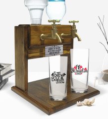 Kişiye Özel Renkli Baskılı Selvi Boylum Al Yazmalım Tasarımlı İkili Rakı Bardağı ve Çift Musluklu Doğal Ahşap Rakı Standı-2