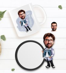 Kişiye Özel Erkek Radyolojist Karikatürlü Beyaz Kupa ve Ahşap Bardak Altlığı Hediye Seti-1