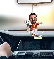 Kişiye Özel Sarı Kırmızı Futbolcu Karikatürlü Ahşap Araba Dikiz Ayna Süsü