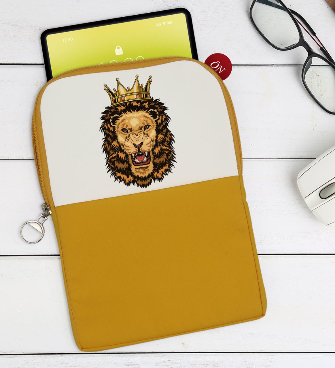 BK Gift Aslan Tasarımlı Taşınabilir Koruyucu Tablet Kılıfı & Organizer Çanta - Sarı-1