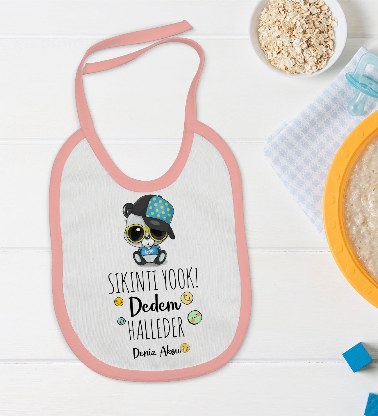 BK Kids Kişiye Özel Pembe Bebek Mama Önlüğü - Model 76