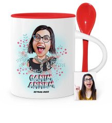 Kişiye Özel Canım Annem Karikatür Kırmızı Kaşıklı Kupa Bardak