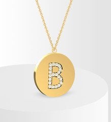 Kişiye Özel Taşlı Gold Yuvarlak Plaka Harf Kolye