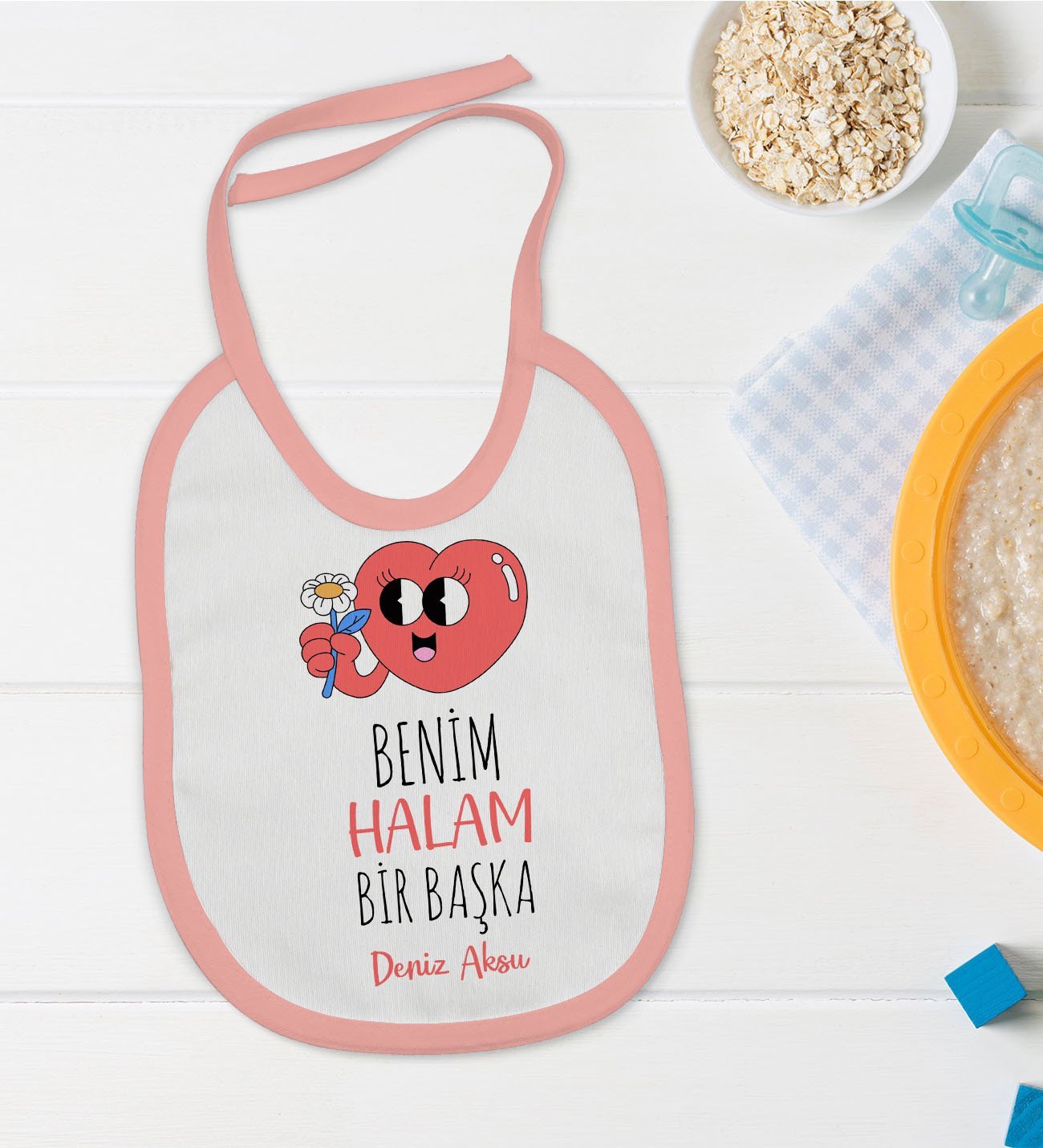 BK Kids Kişiye Özel Pembe Bebek Mama Önlüğü - Model 77